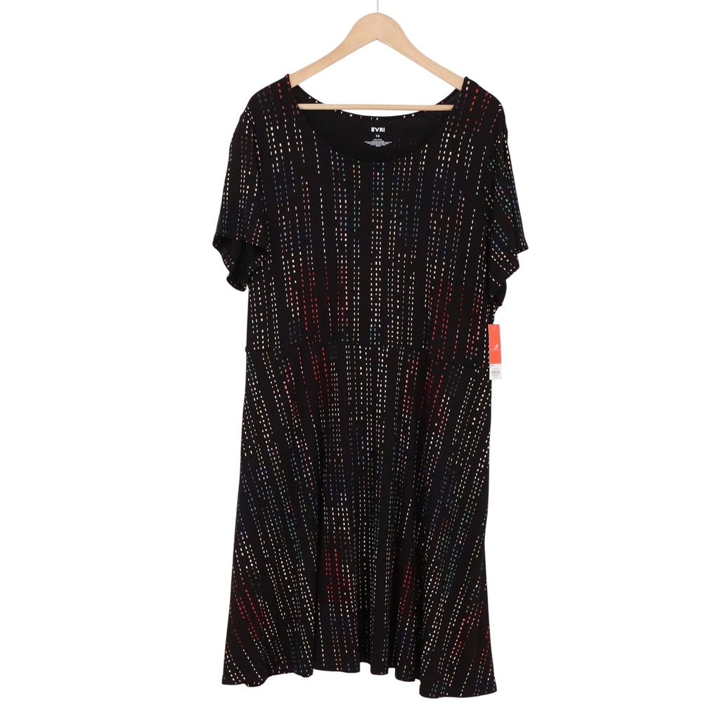 EVRI Dress Womens 1X Black Multicolor Dashed Stripe Knit NWT